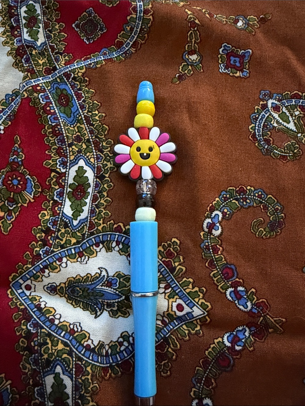 Blue Daisy Bead Pen with Smiley Accent